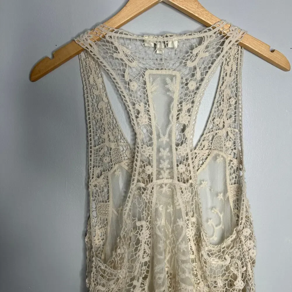 Umgee Women's Cream Cotton Blend Crochet Mesh Cut Out Racerback Tank Size S/M - Picture 8 of 9